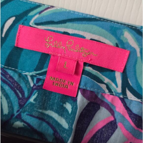 Lilly Pulitzer Large Embroidered Beaded Top Blouse Blue Pink 100% Cotton - Picture 6 of 9